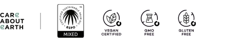 Eine Grafik mit Zertifizierungssymbolen für ein Produkt, darunter vegan zertifiziert, gentechnikfrei, glutenfrei und eine gemischte Zertifizierung für nachhaltiges australisches Palmöl.