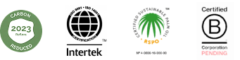 Una serie de logotipos de certificación, entre los que se incluyen «Carbon Reduced 2023», Intertek, RSPO (Mesa Redonda sobre el Aceite de Palma Sostenible) y un logotipo de certificación B Corporation pendiente.