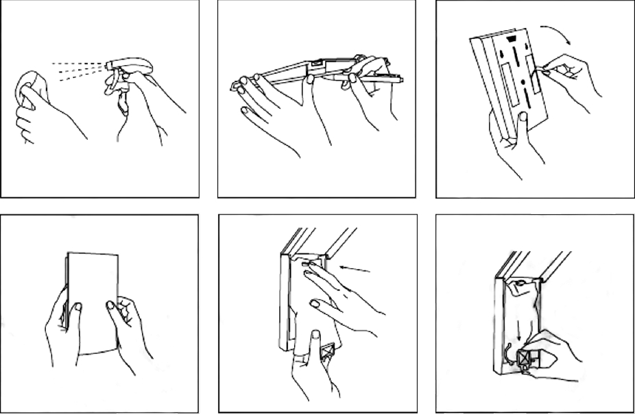 Een reeks van zes instructieve illustraties die verschillende stappen in een doe-het-zelfproject laten zien, waaronder het opmeten, zagen en assembleren van materialen. Bij elke stap zijn handen te zien die gereedschap en materialen gebruiken.