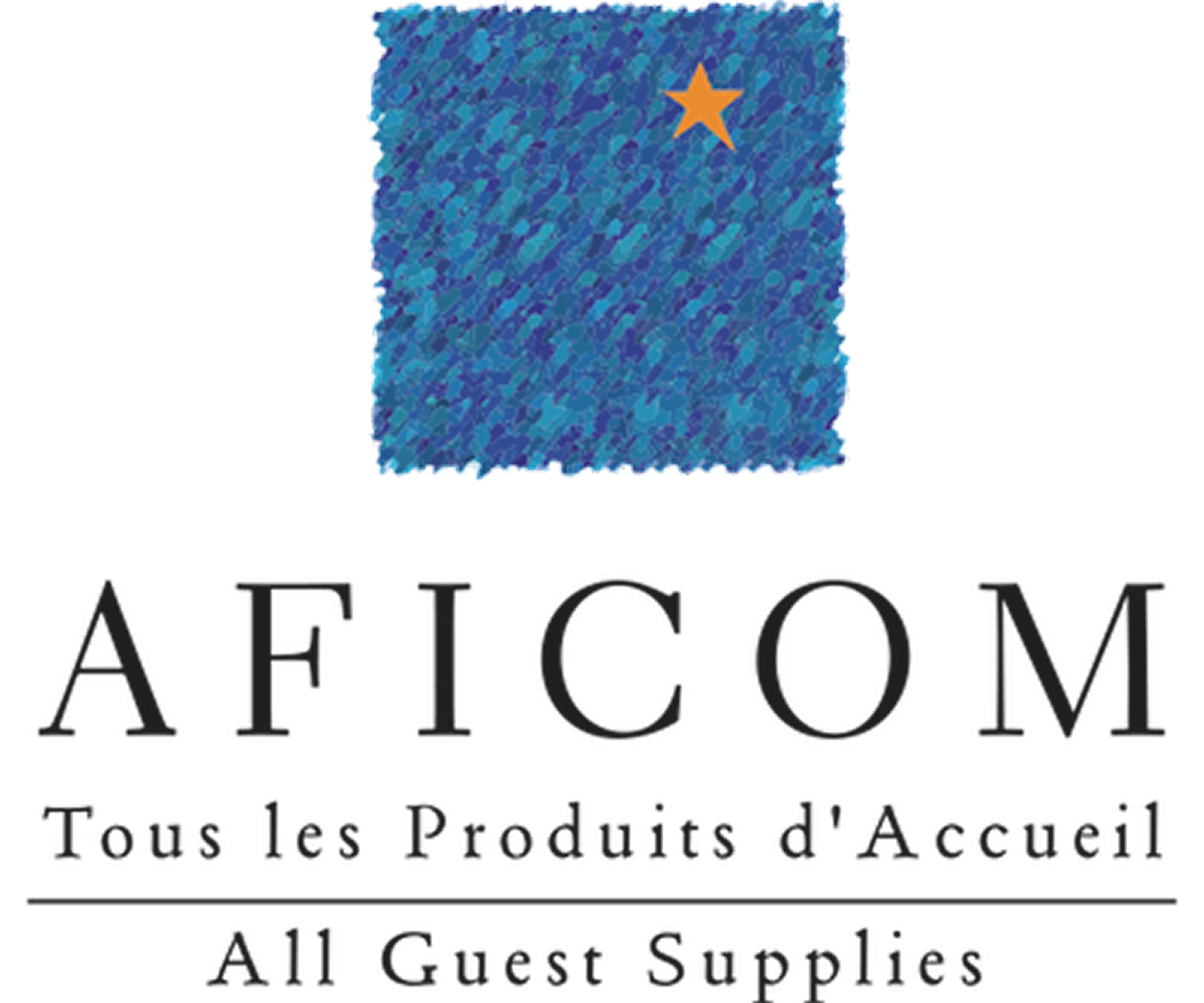 Logo von AFICOM mit einem blauen Quadrat und einem Stern, darunter der Slogan „Tous les Produits d'Accueil” und „All Guest Supplies”.
