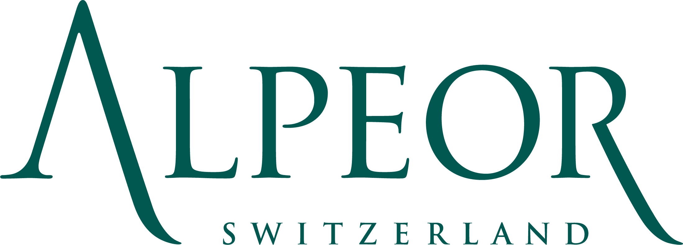 Logótipo da Alpeor, com o nome da marca em tipografia verde elegante, com «Suíça» posicionado abaixo em fonte menor.