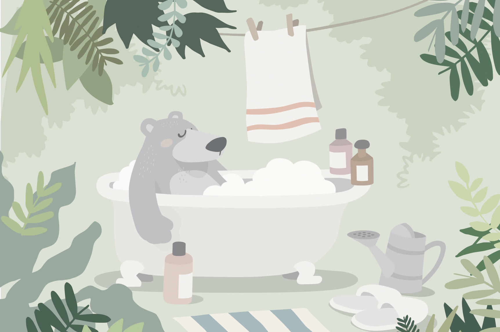 Un orso dei cartoni animati si rilassa in una vasca da bagno piena di bolle, circondato da una rigogliosa vegetazione, con prodotti da bagno e un annaffiatoio nelle vicinanze. Sopra di lui, degli asciugamani puliti sono appesi a una corda.