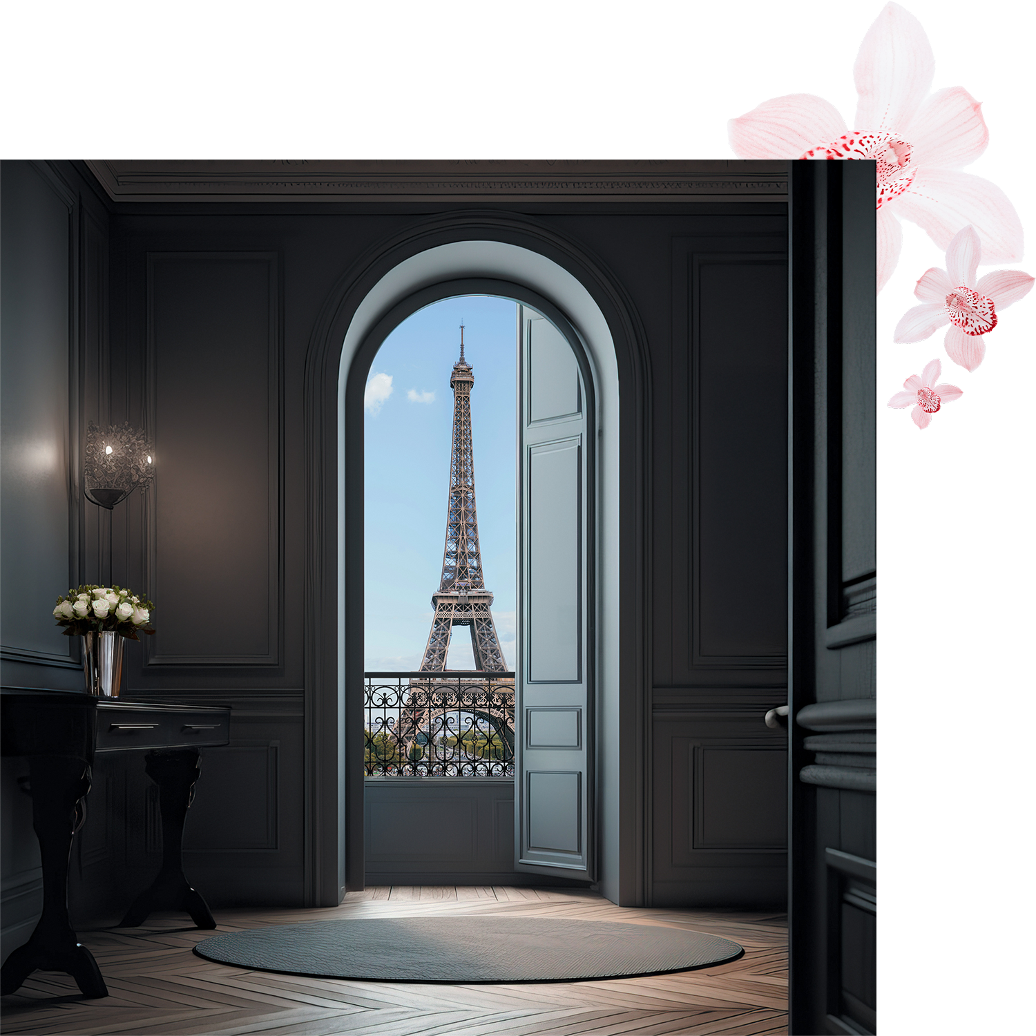 Der Eiffelturm, gesehen durch eine offene Bogentür aus einem eleganten Pariser Interieur mit dunklen Wandvertäfelungen, Holzboden und einem kleinen Tisch mit Blumen.
