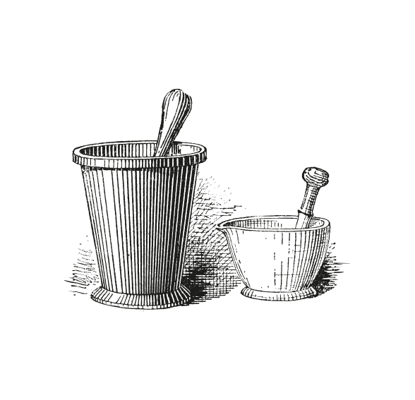 Ilustração de um almofariz e um pilão grandes ao lado de um menor, ambos com um design estriado. A imagem é monocromática, enfatizando a sua aparência farmacêutica tradicional.
