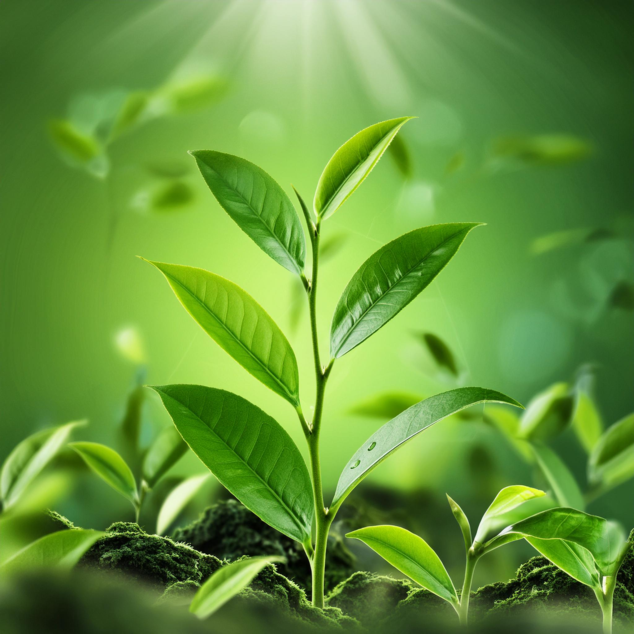Uma jovem planta verde com várias folhas emerge de um leito de musgo, iluminada pela suave luz do sol num cenário exuberante e vibrante.