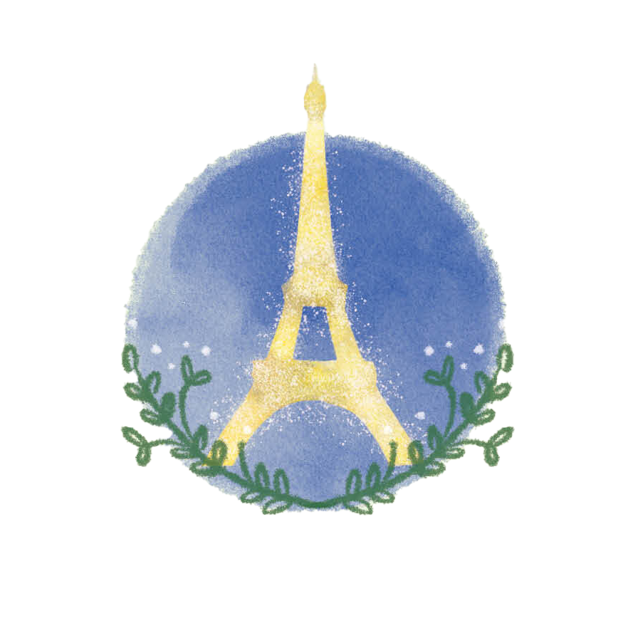 Illustrazione ad acquerello raffigurante la Torre Eiffel circondata da rampicanti verdi, su uno sfondo blu circolare.