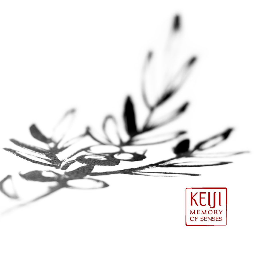 Eine abstrakte, einfarbige Illustration einer Pflanze mit zarten Blättern, begleitet von dem Text „KEIJI MEMORY OF SENSES“.