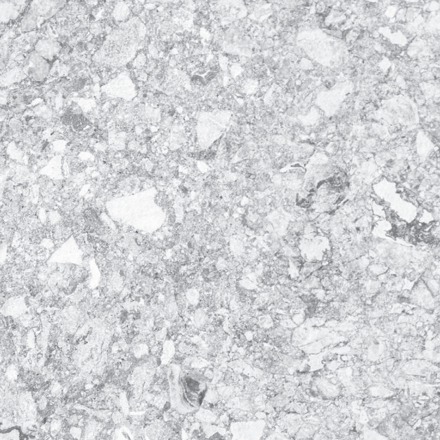 Una superficie ruvida in pietra grigio chiaro con frammenti minerali più scuri e più chiari sparsi qua e là.