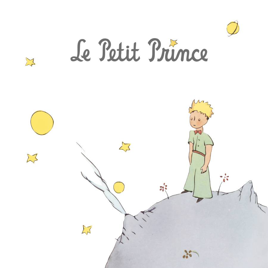 Ein kleiner Junge mit blonden Haaren steht auf einem kleinen Asteroiden und betrachtet die Sterne und Planeten am Himmel; der Titel lautet „Le Petit Prince“ zu sehen ist.