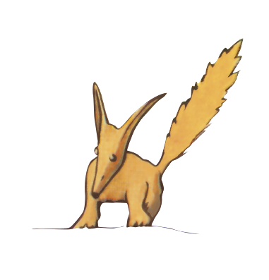 Eine karikaturhafte, gelbe Kreatur, die einem kleinen Fuchs mit großen Ohren und einem buschigen Schwanz ähnelt und auf allen Vieren sitzt.