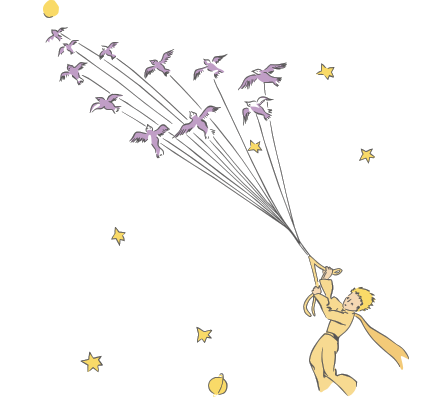 Ein Kind in einem gelben Outfit zieht an Schnüren, an denen mehrere fliegende Vögel befestigt sind, vor einem sternenklaren Nachthimmel, an dem ein Halbmond und ein Planet zu sehen sind.