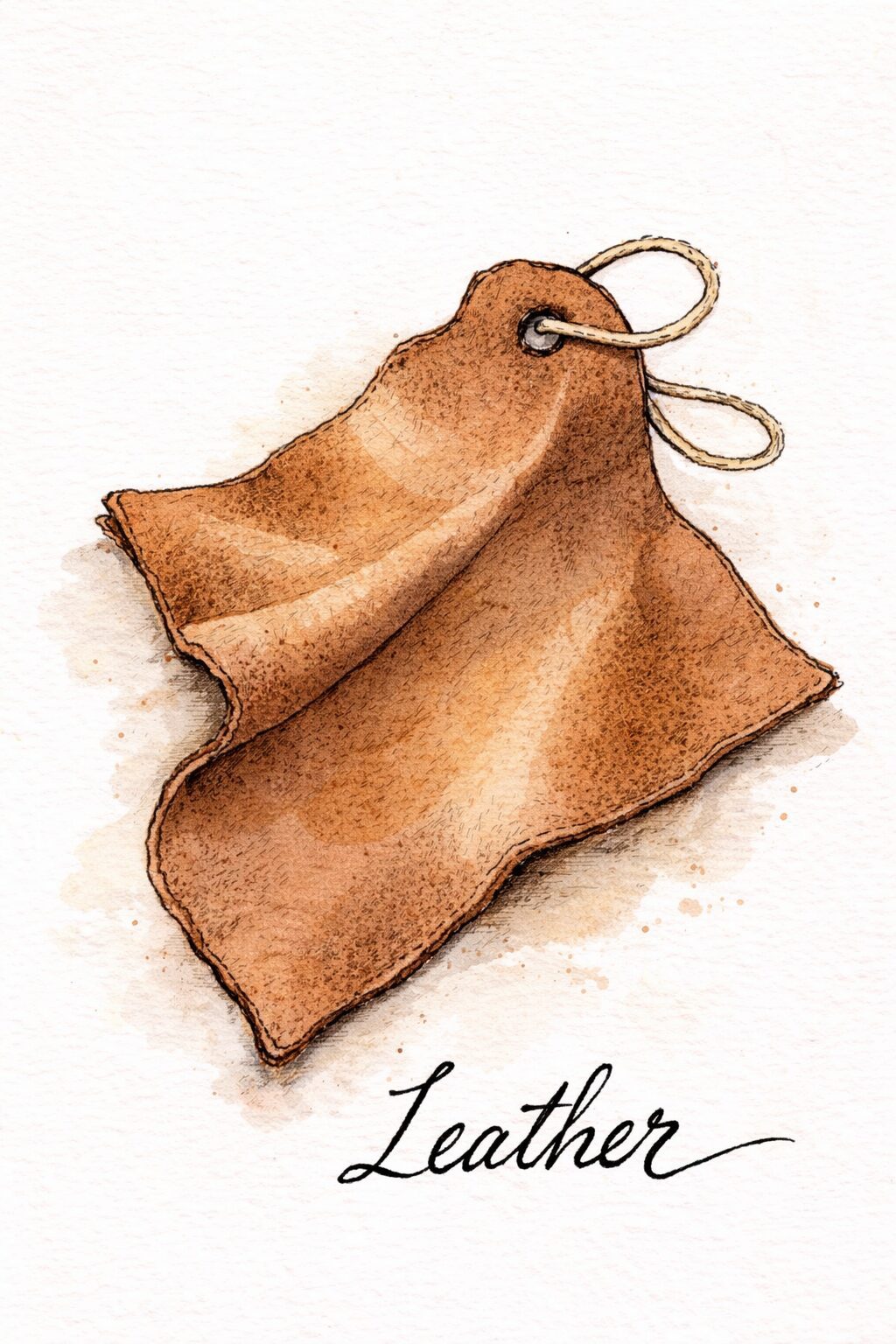 Ein Stück braunes Leder mit einem Etikett und einer gewellten Kante, darunter steht in eleganter Schrift das Wort „Leather“.