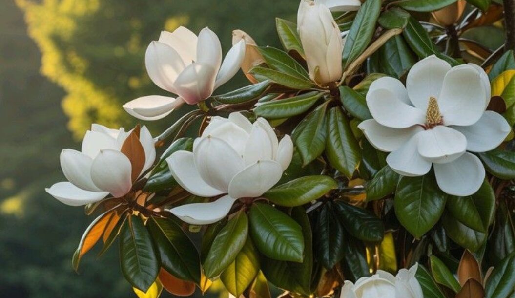 Primo piano di fiori di magnolia in fiore, con grandi petali bianchi e foglie verde brillante, su uno sfondo naturale sfocato.