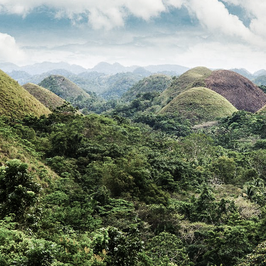 Un paesaggio verdeggiante caratterizzato da dolci colline e dune, sotto un cielo nuvoloso. La scena mostra una fitta vegetazione e montagne in lontananza.