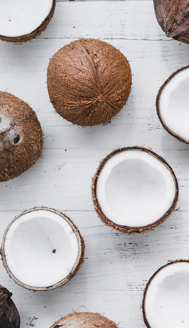 Una collezione di noci di cocco intere e tagliate a metà su una superficie di legno bianco. Le noci di cocco sono marroni e ricoperte di peluria, alcune mostrano la polpa bianca interna.