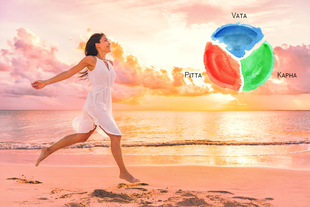 Uma mulher alegre, vestida com um vestido branco, corre pela praia ao pôr do sol, com uma mandala ayurvédica colorida ilustrando os três doshas — Vata, Pitta e Kapha — flutuando no céu ao seu lado.