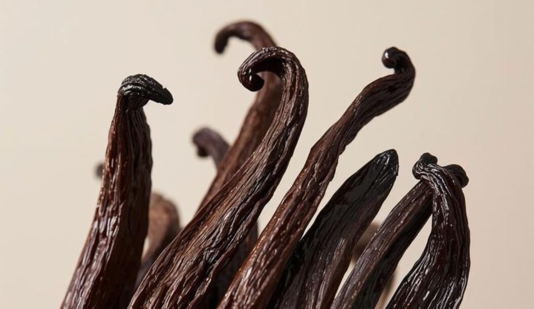 Um grande plano de várias vagens de baunilha curvas, castanhas escuras, dispostas artisticamente contra um fundo neutro.