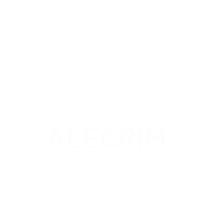 Um design minimalista de logótipo com o texto «ALECRIM» numa fonte estilizada, sobre um fundo claro.