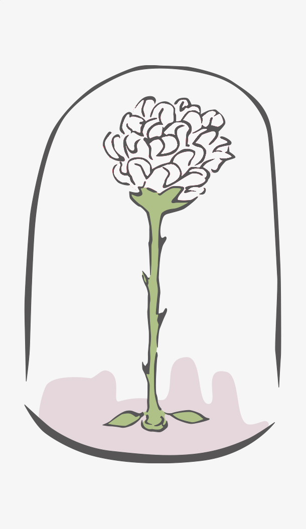 Eine einzelne stilisierte Blume ist unter einer Glaskuppel eingeschlossen, vor einem schlichten, hellen Hintergrund. Die Blume hat einen langen grünen Stiel und eine runde, weiße Blüte.