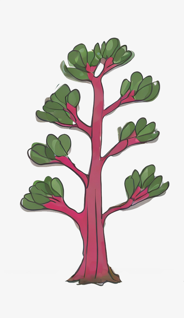 Eine stilisierte Illustration eines Baumes mit einem leuchtend rosa Stamm und großen grünen Blättern. Das Design hat ein verspieltes, cartoonartiges Aussehen.