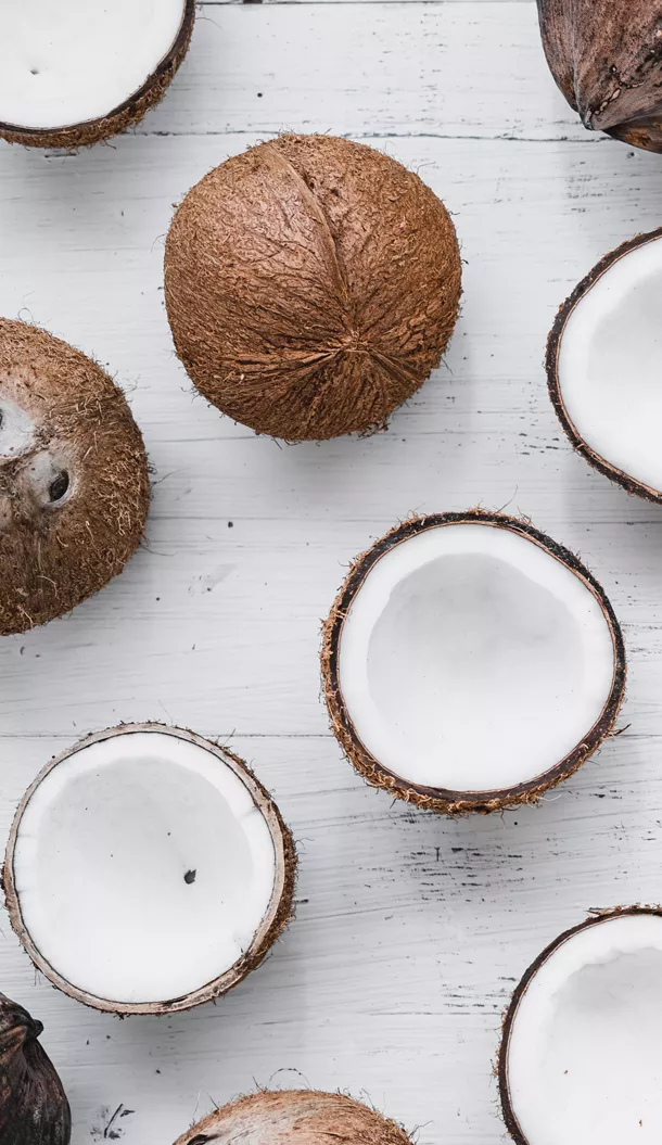 Uma coleção de cocos inteiros e partidos dispostos sobre uma superfície de madeira branca, exibindo a sua casca marrom e o interior branco cremoso.
