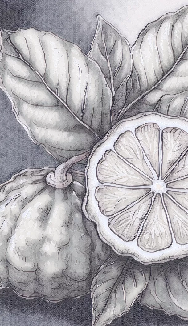 Uma ilustração detalhada de um limão e uma bergamota, rodeados por folhas verdes, representados em tons de cinza com texturas complexas.