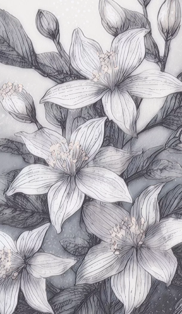 Uma ilustração detalhada de flores brancas com linhas intricadas e sombreado suave, rodeadas por folhas verdes e botões. O fundo apresenta uma textura suave e discreta.