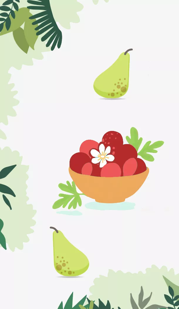 Illustrazione stilizzata di una ciotola piena di fragole rosse e foglie verdi, circondata da due forme a pera su uno sfondo chiaro con foglie tropicali.