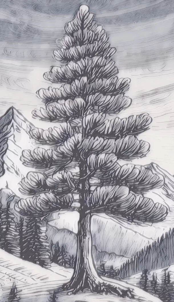 Uma gravura detalhada de uma árvore conífera alta rodeada por terreno montanhoso e um céu nublado. A obra de arte apresenta linhas e sombreados intricados para retratar a textura da árvore e a paisagem.