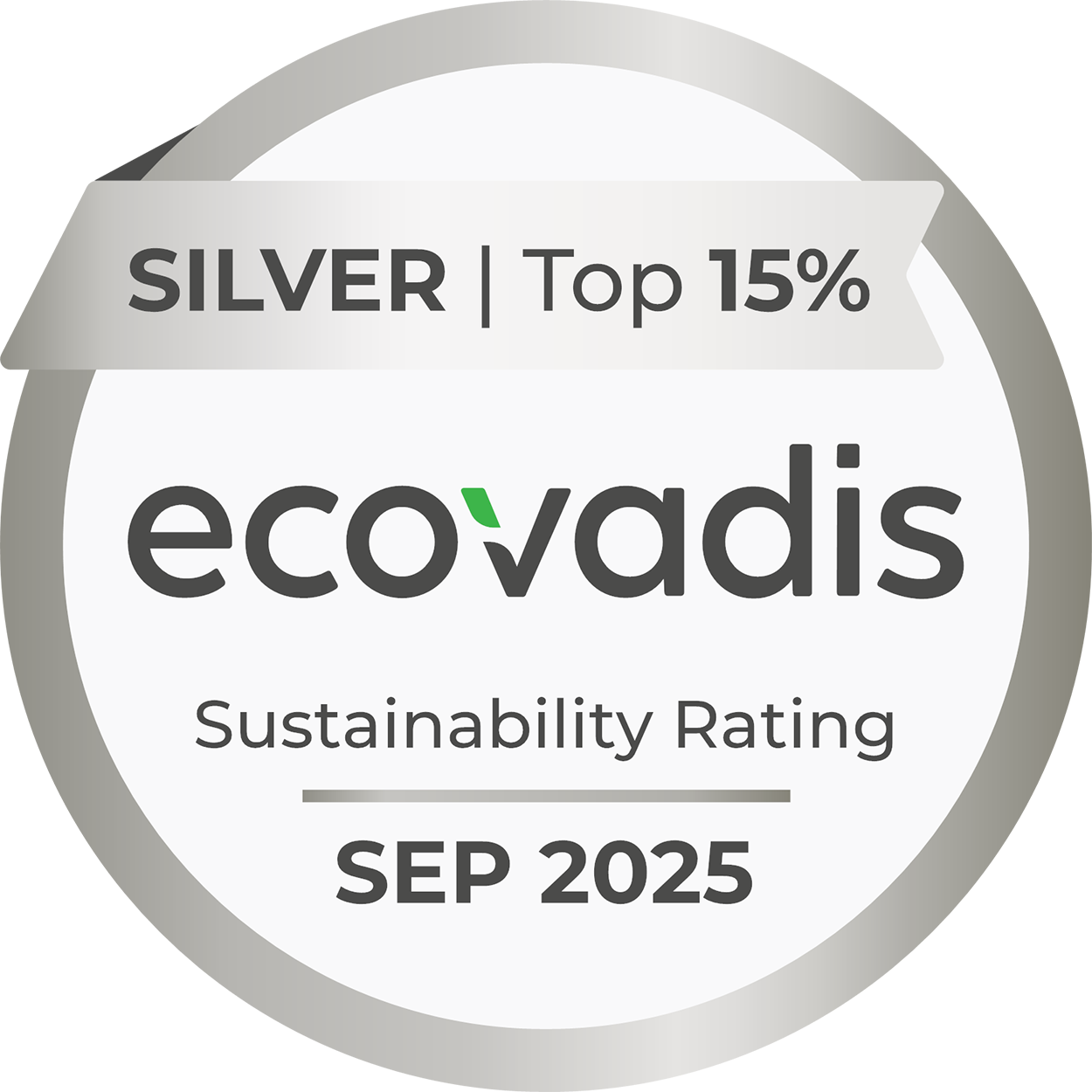 Badge Ecovadis Silver Sustainability Rating che indica una posizione nella top 15%, datato settembre 2025.