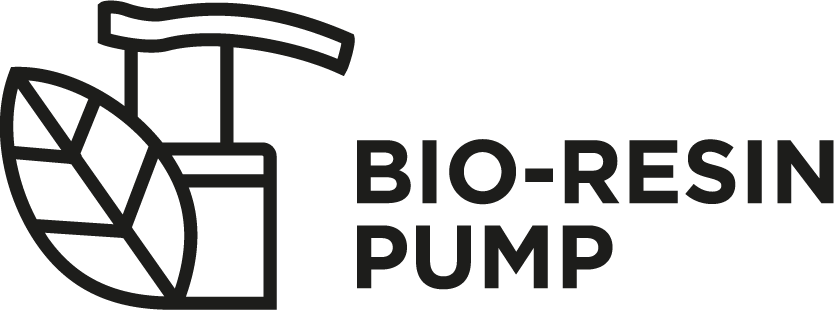 Eine minimalistische Strichzeichnung einer Pumpe neben einem Blatt mit der Beschriftung „BIO-RESIN PUMP”.