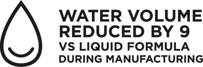 Textgrafik mit der Aufschrift „Wassermenge während der Herstellung um 9 % gegenüber Flüssigformel reduziert“ mit einem Tropfen-Symbol.