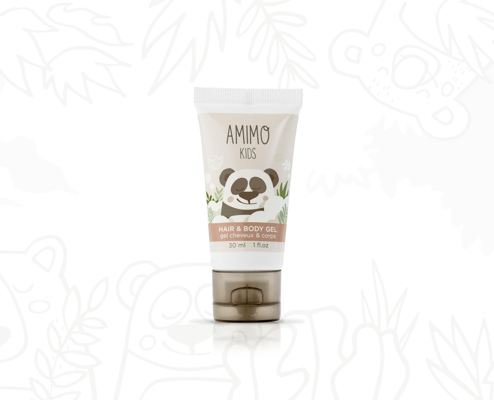 Un tubetto di gel per capelli e corpo Amimo , con un'illustrazione di un panda sulla confezione, su uno sfondo con un delicato motivo di sagome di panda.