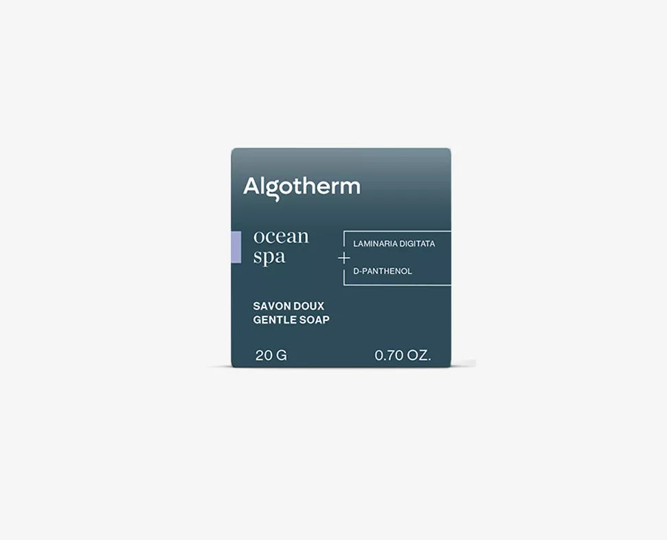 一小Algotherm 溫和香皂,成分包含羽狀海帶與D-泛醇,重量為20公克。包裝以藍色為主調,搭配白色文字。
