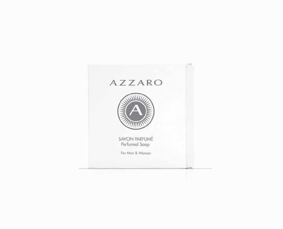 Azzaro perfumed soap box, featuring a minimalist white design with the letter "A" and the words "Savon Parfumé" and "For Man & Woman."
