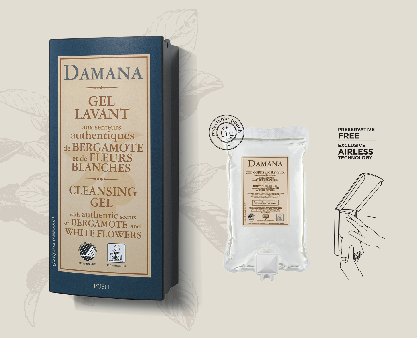 Confezione del gel detergente Damana con autentiche fragranze di bergamotto e fiori bianchi, con un'etichetta che descrive in dettaglio la sua tecnologia airless e la sua formulazione senza conservanti.