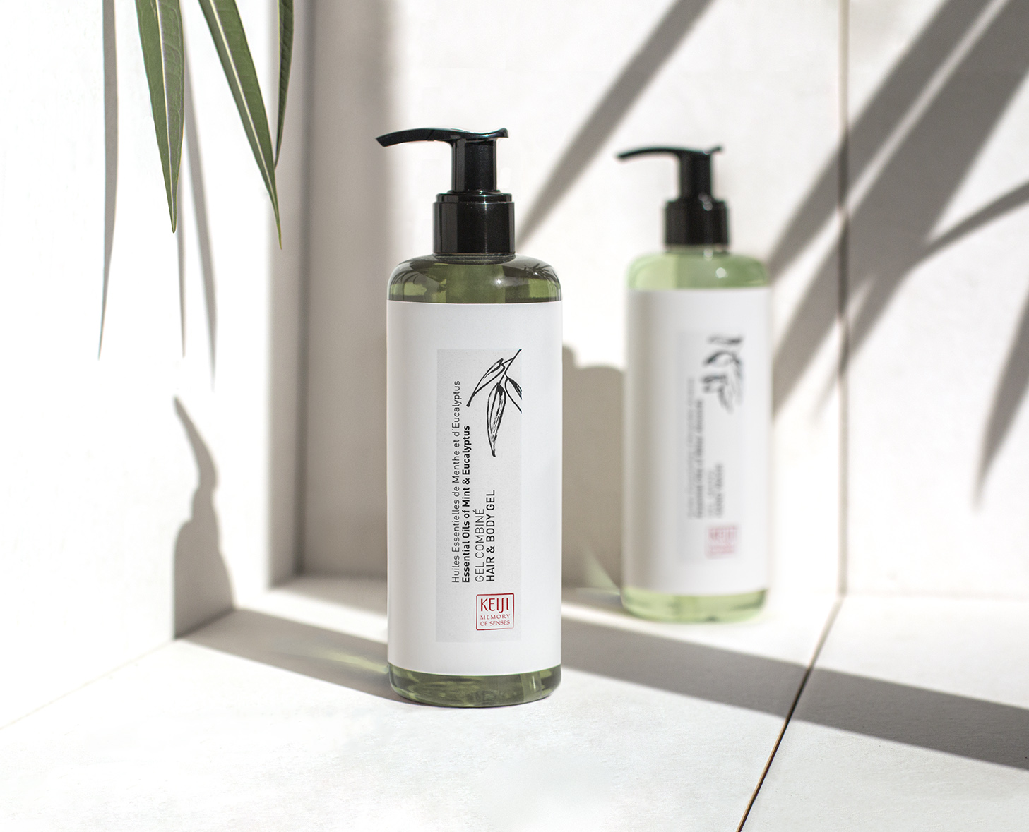 Eine Flasche Haaröl und eine leicht unscharfe zweite Flasche im Hintergrund, beide mit minimalistischen Etiketten, auf einer hellen Oberfläche mit grünen Pflanzenschatten positioniert.