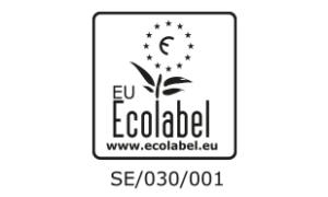 Logótipo do rótulo ecológico da UE com uma planta verde rodeada por estrelas, indicando certificação ambiental. O texto inclui «SE/030/001» e um endereço de site.