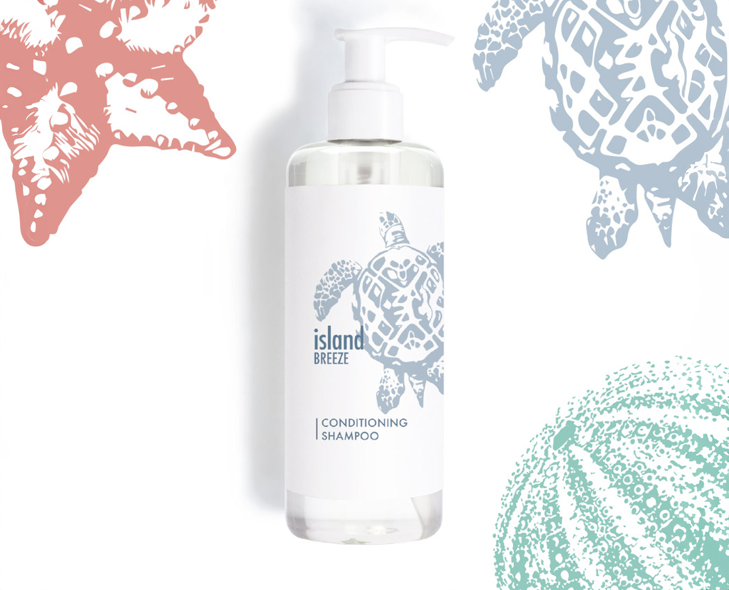Μια διαφανής φιάλη σαμπουάν Island Breeze με σχέδιο χελώνας στην ετικέτα, περιτριγυρισμένο από εικόνες αστεριών και κοχυλιών σε διάφορα χρώματα.