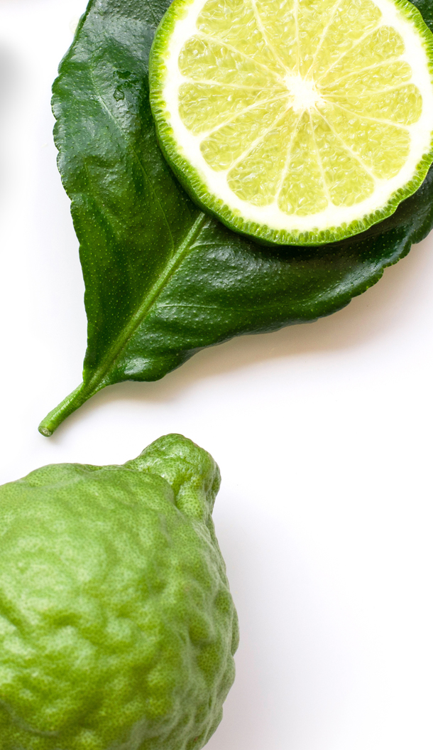 Un lime verde intero è posizionato accanto a una fetta di lime su una foglia verde, il tutto su uno sfondo bianco.