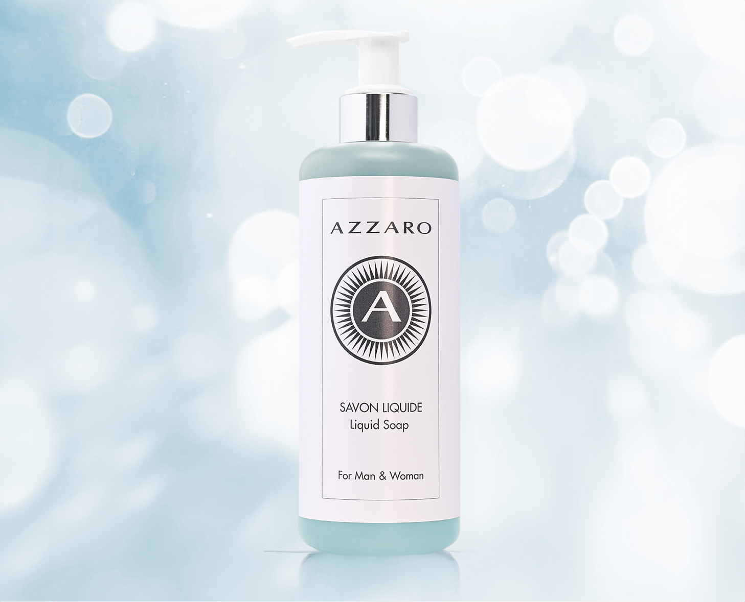 A bottle of Azzaro liquid soap for men and women, featuring a white label with a circular logo and a pump dispenser, set against a soft blue background with blurred light effects.
