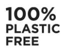 Zwarte tekst op een witte achtergrond met de tekst "100% PLASTIC FREE."