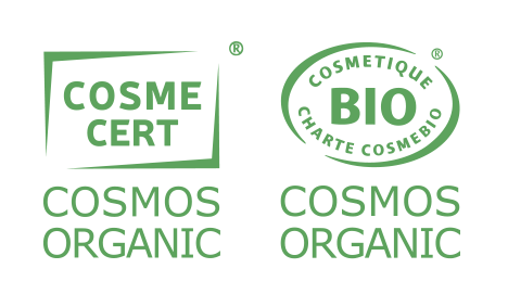 Dois logótipos de certificação para cosméticos orgânicos: o logótipo à esquerda é para COSMOS Organic, com um design quadrado, e o logótipo à direita apresenta um design circular com o texto «COSMETIQUE BIO».