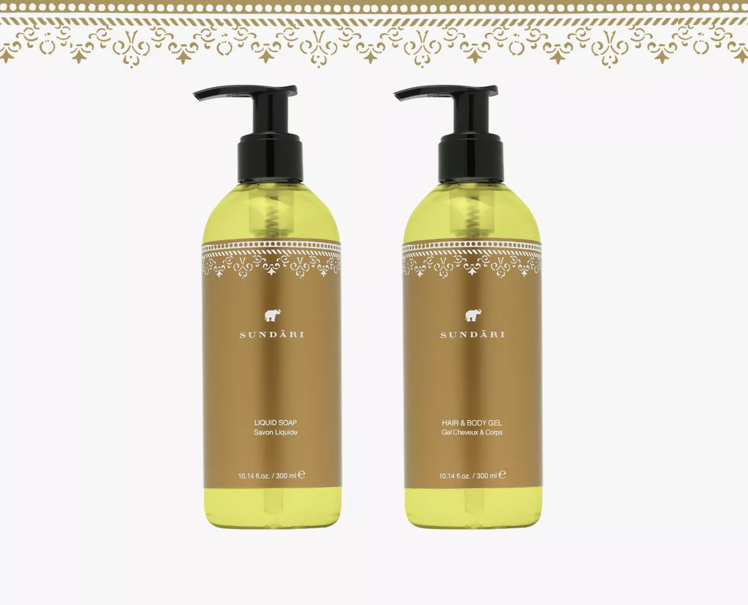 Duas garrafas de sabonete Sundari e gel para cabelo e corpo Sundari , ambas em recipientes amarelos transparentes com tampas com bomba, expostas contra uma borda decorativa.