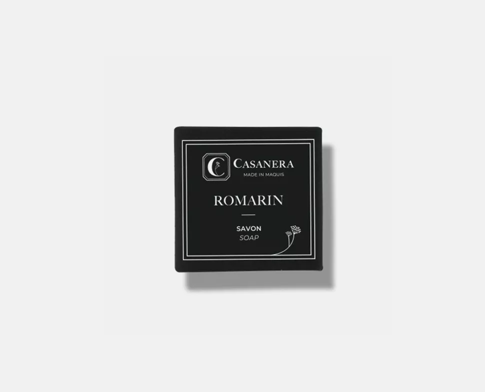 Eine schwarze Schachtel mit Casanera Seife, die sich durch ein minimalistisches Design und weiße Schrift auszeichnet. Die Schachtel ist quadratisch und vermittelt eine moderne, elegante Ästhetik.