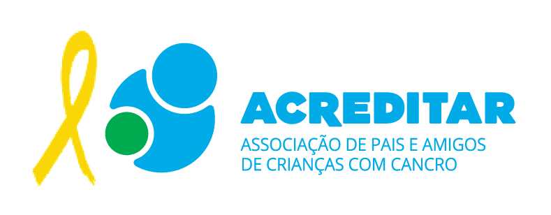 Logo di "ACREDITAR", un'associazione per genitori e amici di bambini affetti da cancro, con un nastro giallo, forme circolari e il nome dell'organizzazione in caratteri blu.