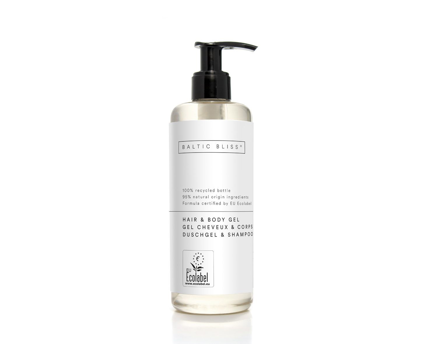 Eine durchsichtige Flasche Baltic Bliss und Körpergel mit Pumpspender, gekennzeichnet als zu 100 % aus recycelten Materialien hergestellt und mit Angaben zur Öko-Zertifizierung.