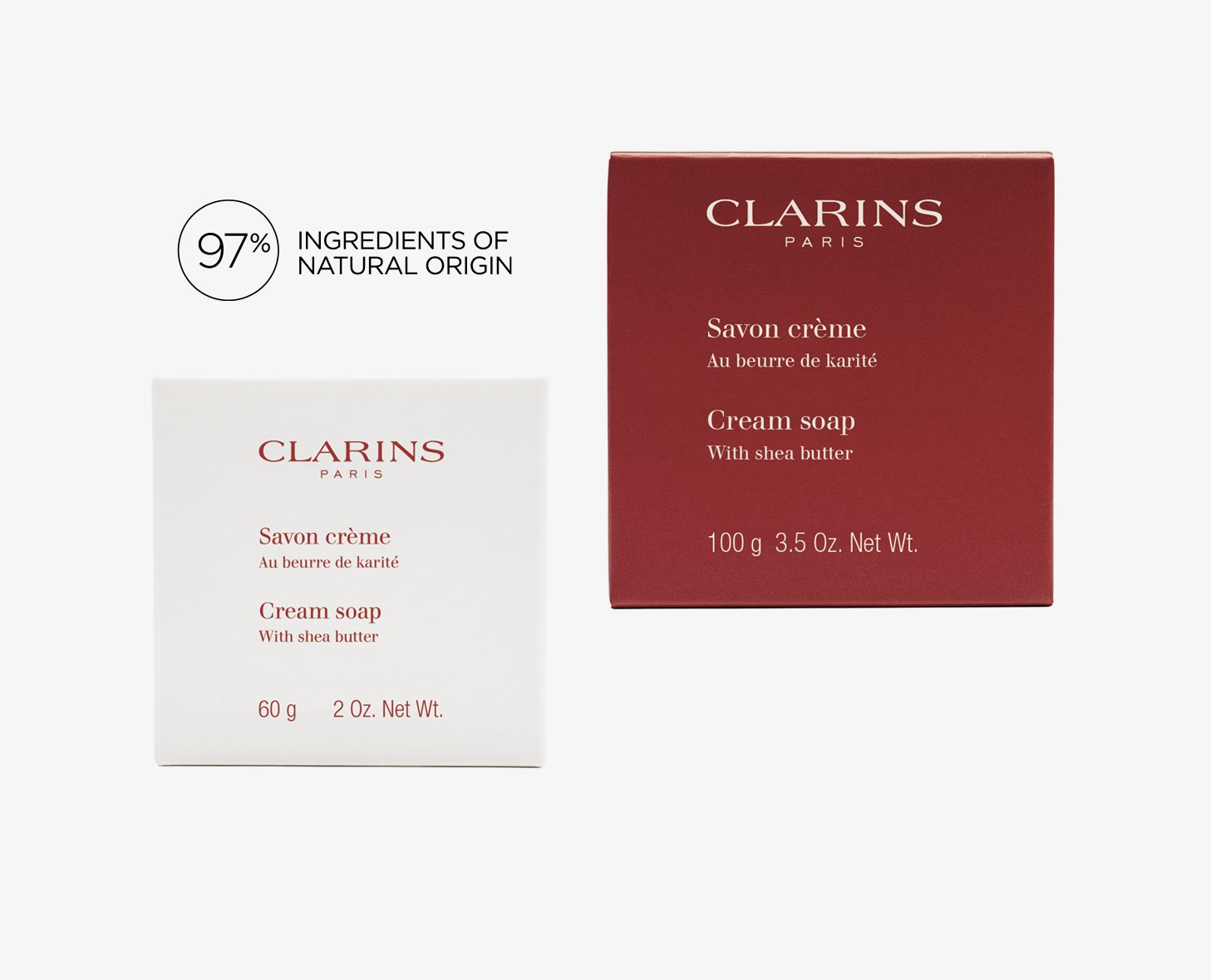 Zwei Schachteln Clarins , eine in Weiß und eine in Rot, beide mit Hinweis auf ihren Sheabutter-Gehalt und einen Anteil an natürlichen Inhaltsstoffen von 97 %.