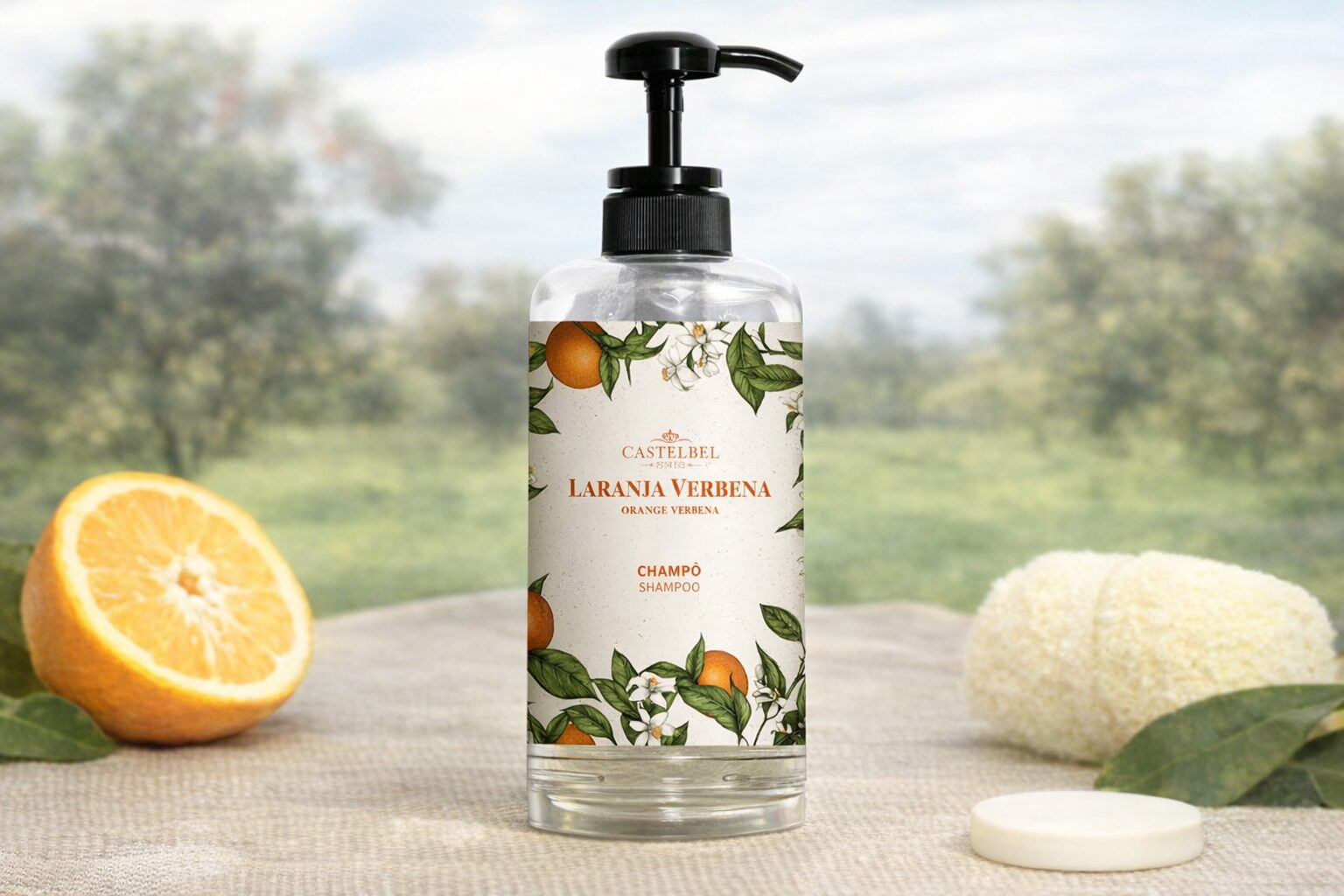 Una bottiglia trasparente di shampoo biologico Castlabel Laranja Verbena con un'etichetta floreale e agrumata, collocata in un ambiente naturale con vegetazione e una fetta d'arancia accanto.