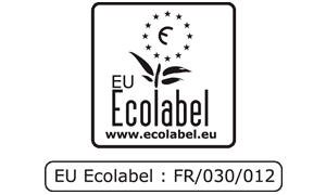 Schwarz-weißes EU-Umweltzeichen-Logo mit einer Pflanze und Sternen in einem kreisförmigen Design, darunter der Text „EU Ecolabel“ und ein Website-Link.